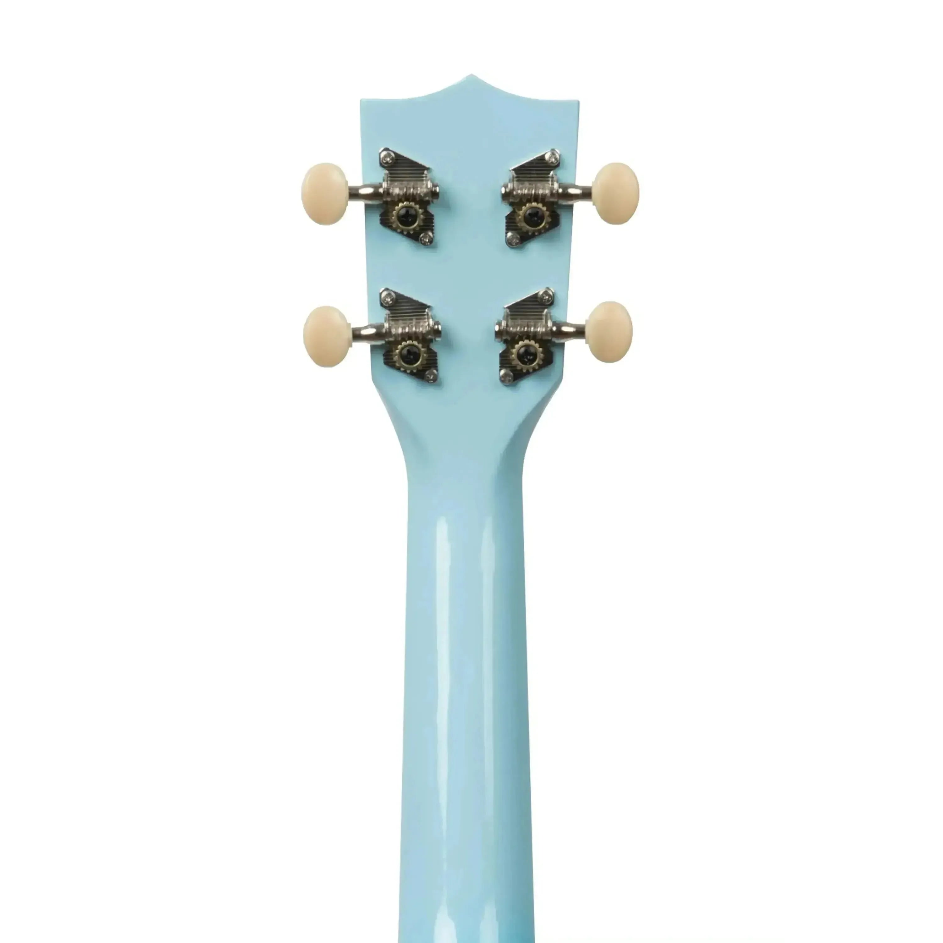 Back of a light blue burst Kala Dolphin soprano ukulele headstock with four cream tuning pegs.