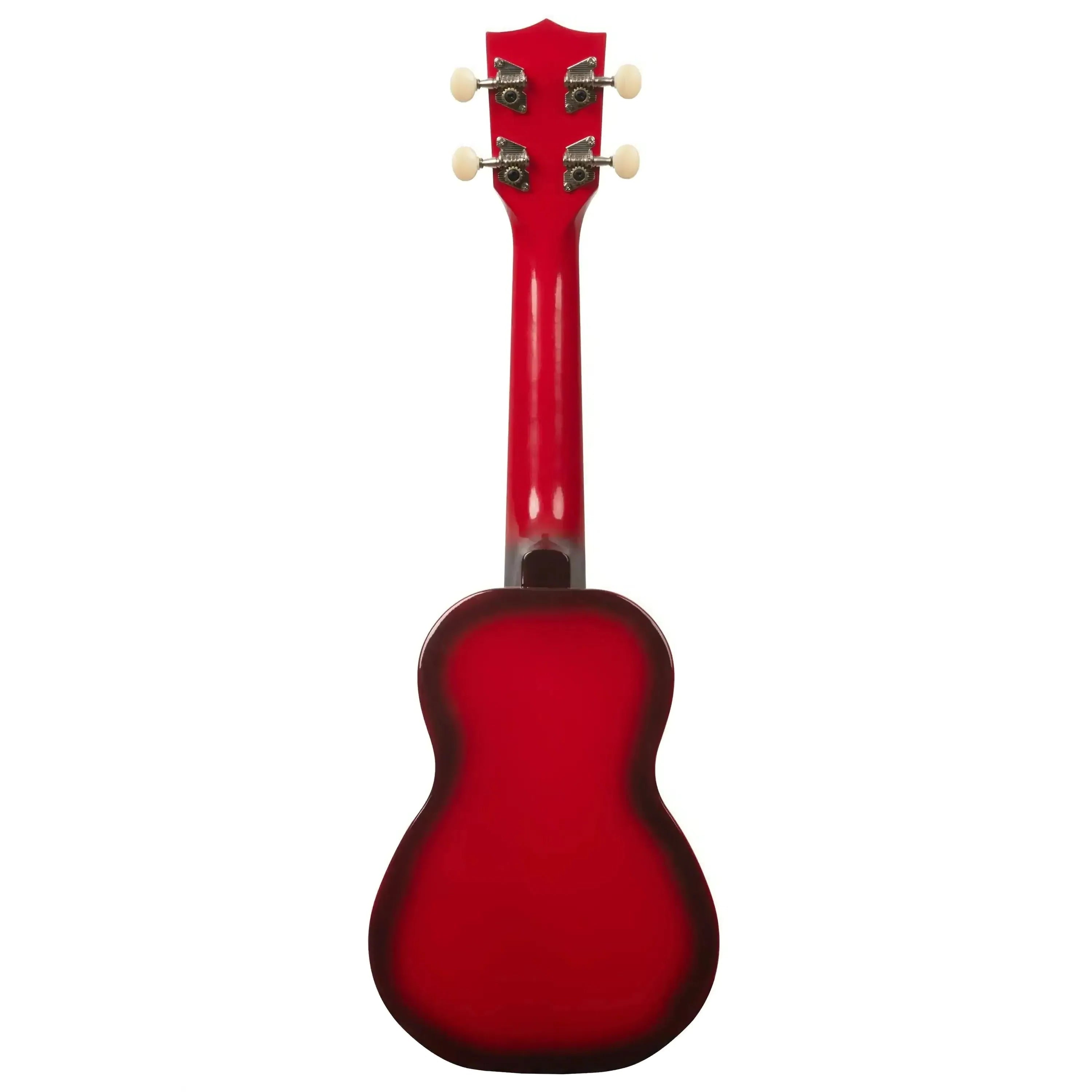 Makala MK-SD/RDBURST Red Burst Dolphin Soprano Ukulele, back view, with glossy red finish and mahogany neck.