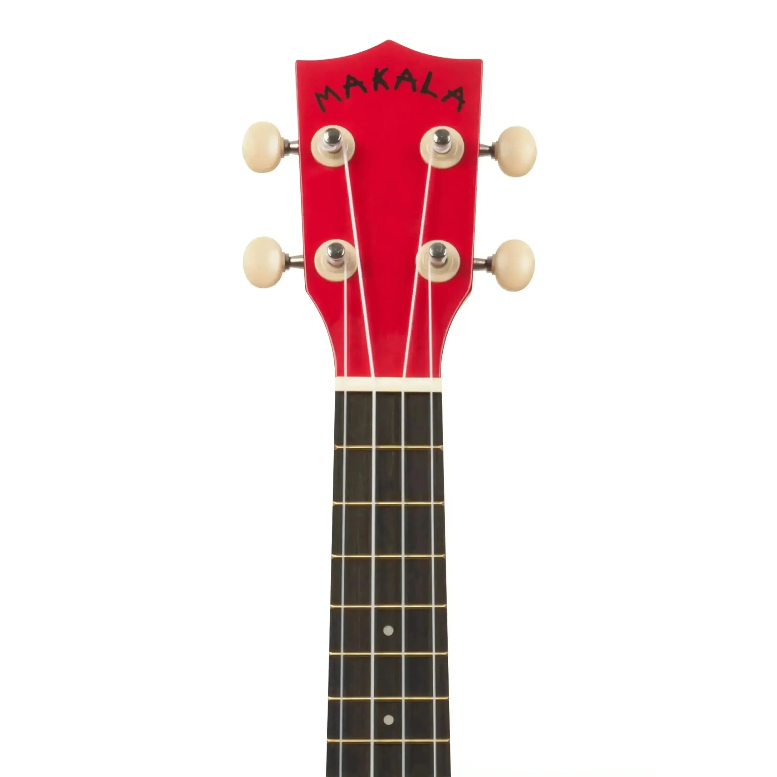 Makala red burst soprano ukulele headstock with white tuning pegs and black fretboard.