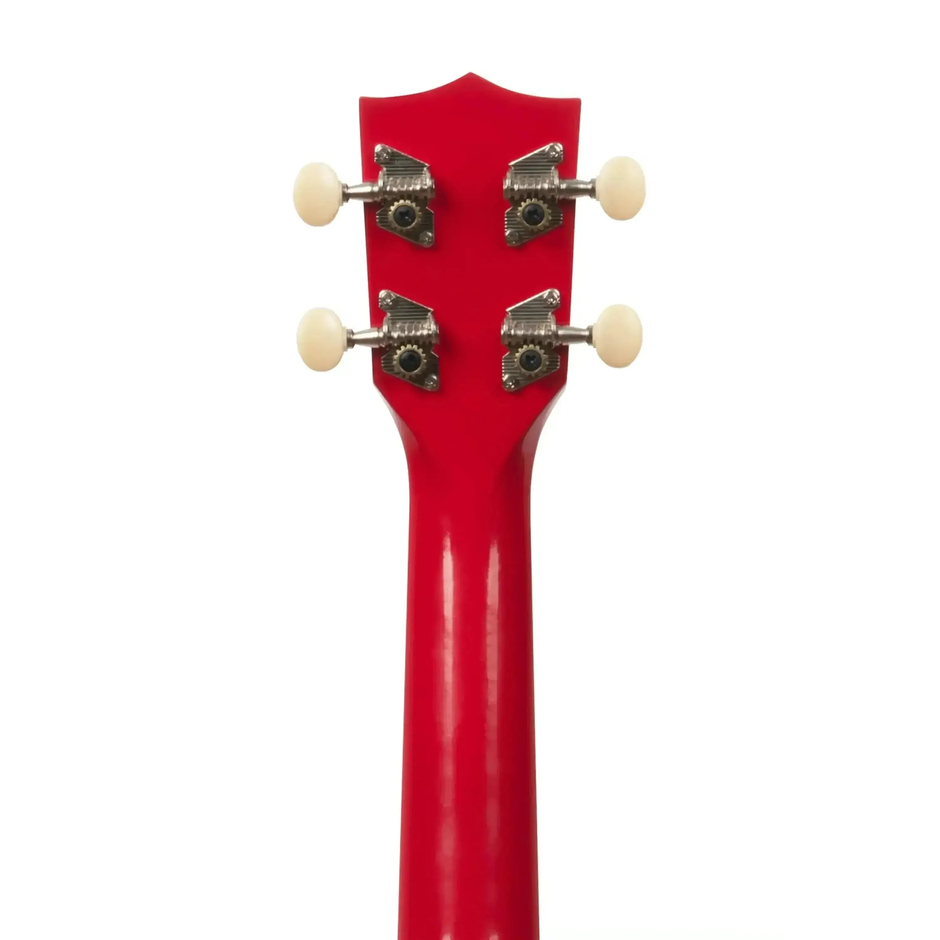 Back of a glossy red Makala Dolphin soprano ukulele headstock and neck with four white tuners.