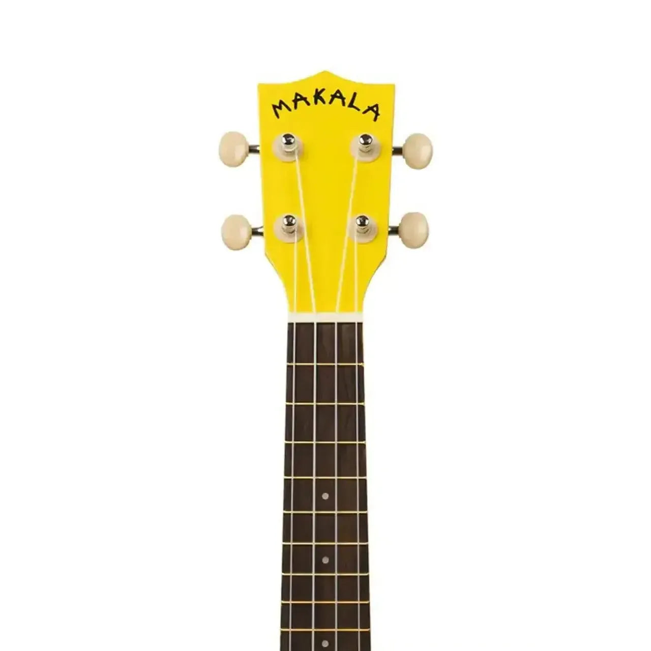 Makala MK-SD/YLBURST Yellow Burst Dolphin Soprano Ukulele headstock with white tuning pegs and rosewood fingerboard.