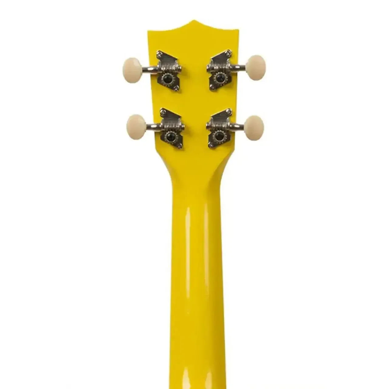 Makala MK-SD/YLBURST Yellow Burst Dolphin Soprano Ukulele headstock and neck, rear view.