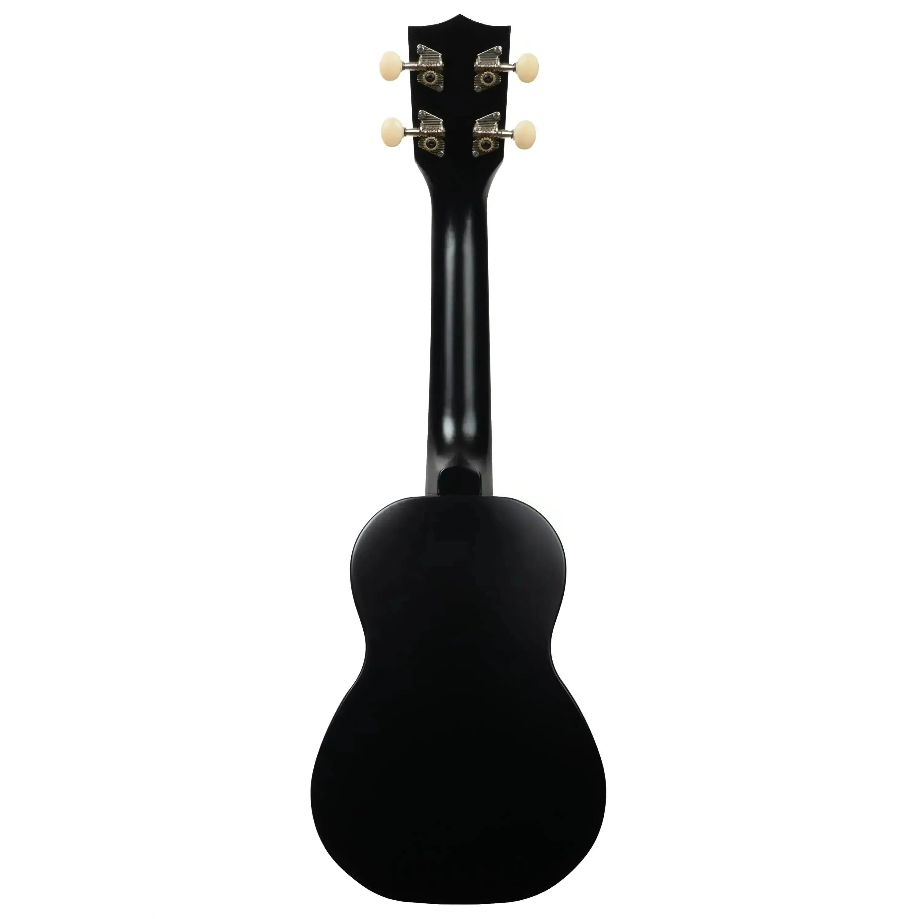 Back of a black Kala Makala Shark Soprano Ukulele with a matte finish and white tuning pegs.