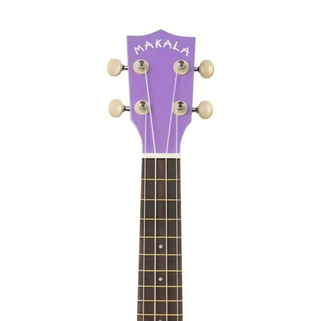 Makala purple soprano ukulele headstock and upper fretboard with white tuning pegs.