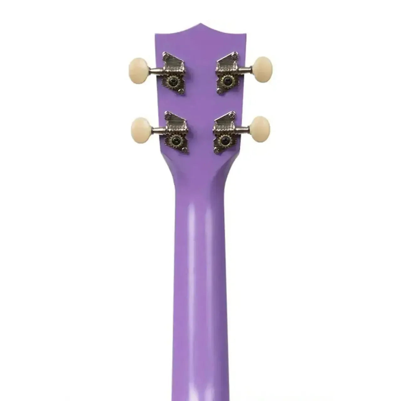 Back of a Makala MK-SS/PUR purple soprano ukulele headstock and neck with four white tuning pegs.