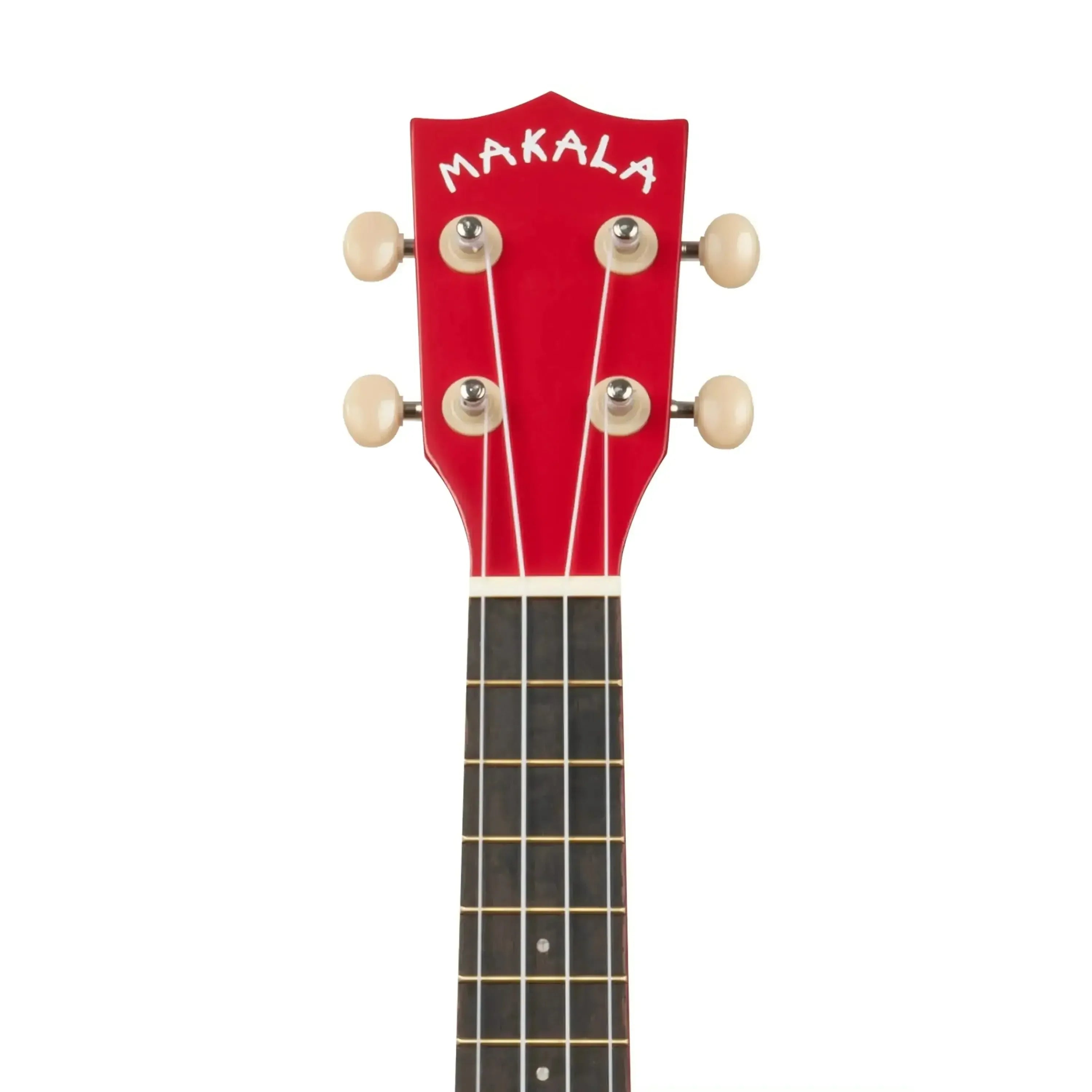Makala Red Sea Shark Soprano Ukulele headstock with white Makala logo and tuners.