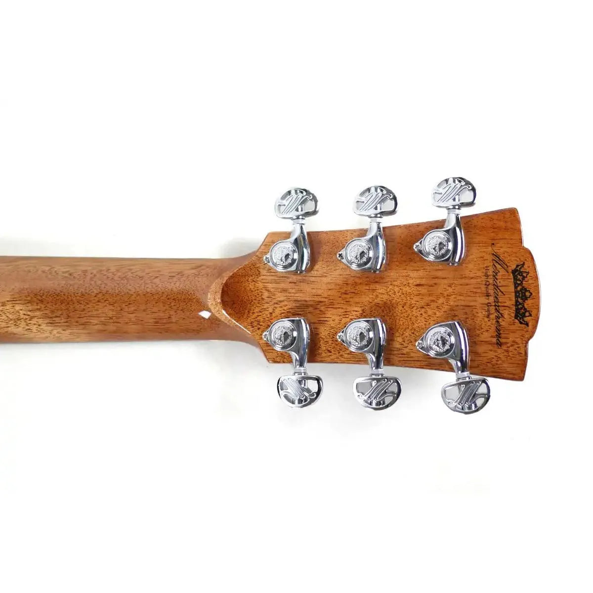 Mérida A18GAC1-EQ acoustic-electric guitar headstock with chrome tuners and mahogany neck.