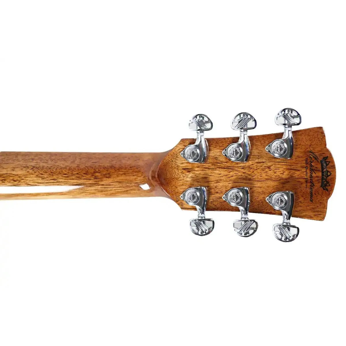 Mérida A18GAC3-EQ acoustic-electric guitar headstock with chrome tuners and mahogany neck.