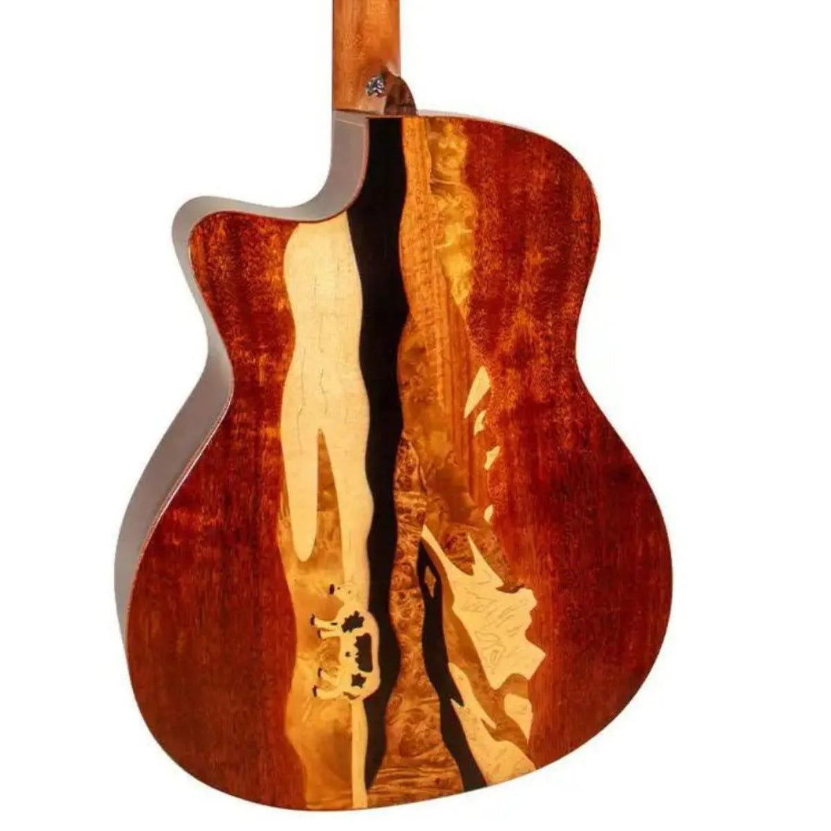 Mérida AUTUMN-EQ acoustic-electric guitar back, showcasing solid African mahogany with a unique wood grain.