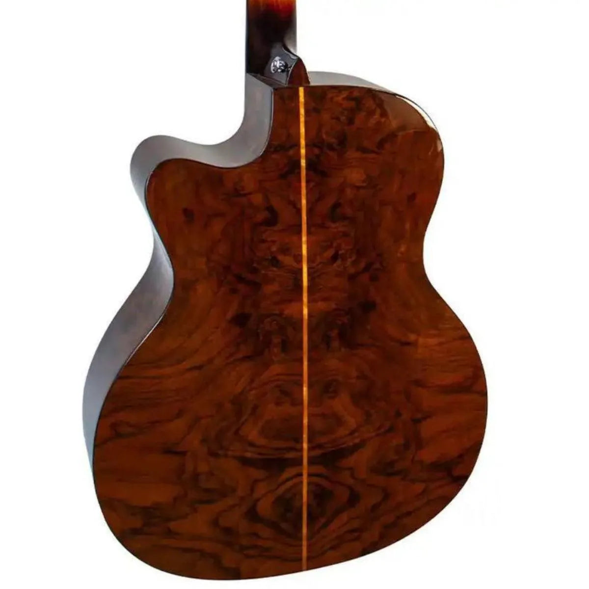 Mérida BLACKPANTHER-EQ acoustic-electric guitar back with vintage sunburst gloss black walnut burl.