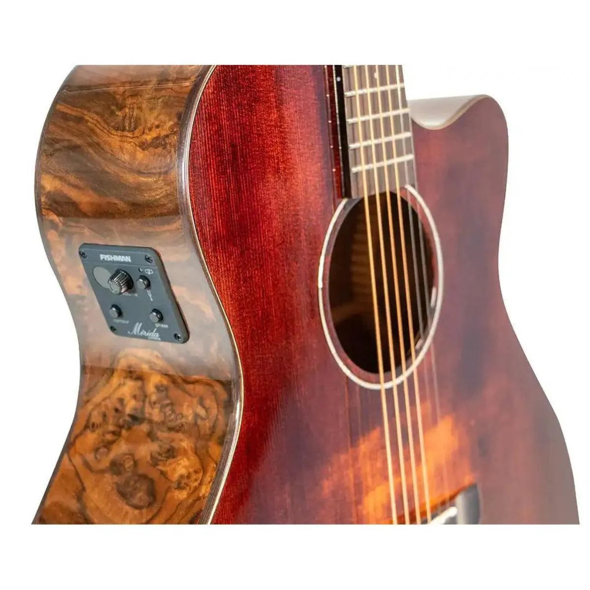 Mérida BLACKPANTHER-EQ acoustic-electric guitar with vintage sunburst finish, black walnut burl, and Fishman electronics.