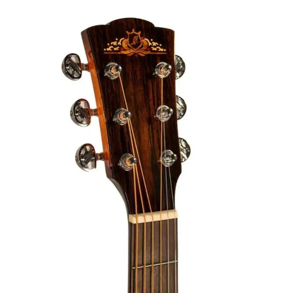 Mérida BLACKPANTHER-EQ acoustic-electric guitar headstock with dark wood, chrome tuners, and ornate inlay.