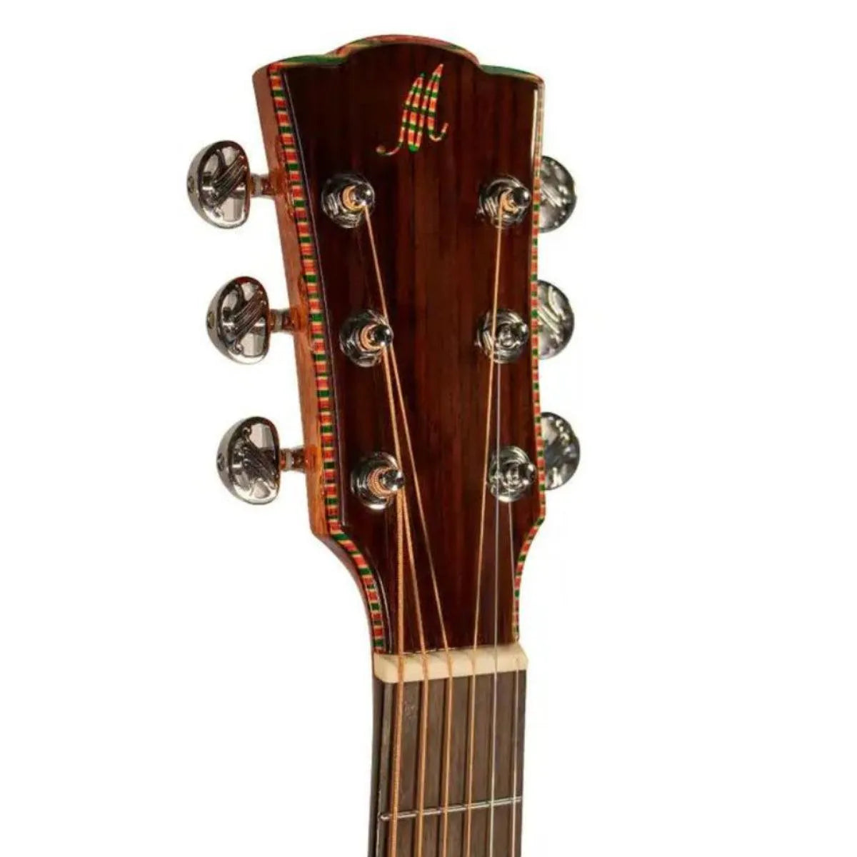 Mérida C15CS-EQ acoustic-electric guitar headstock with mahogany finish, chrome tuners, and colorful binding.