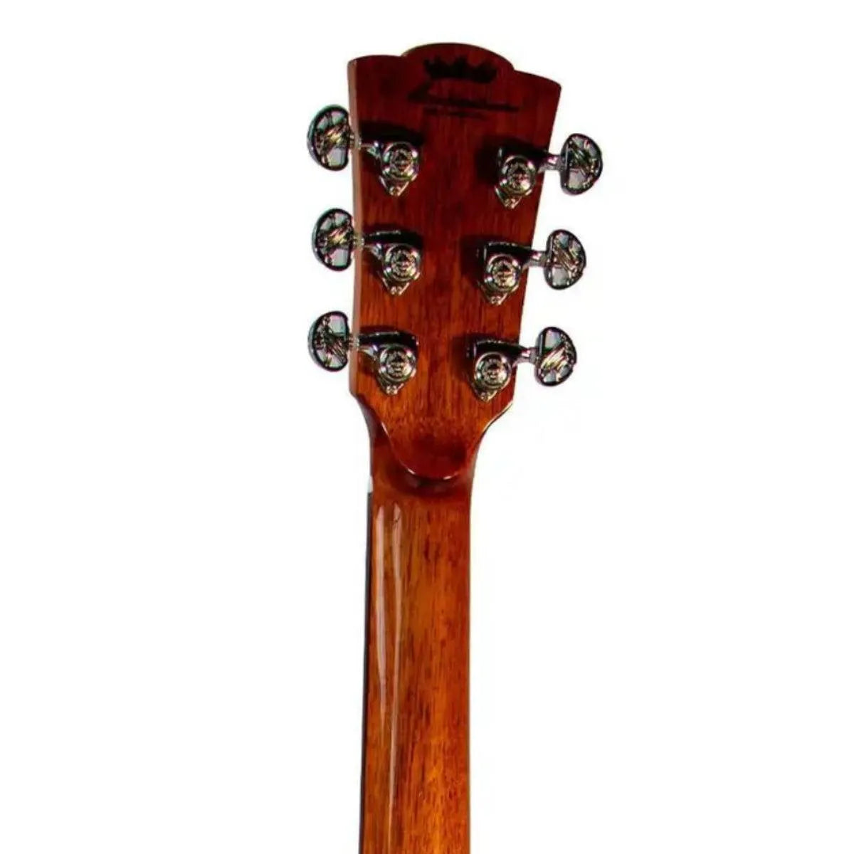 Mérida C15CS-EQ Classic Series acoustic-electric guitar headstock with chrome tuners and mahogany finish.