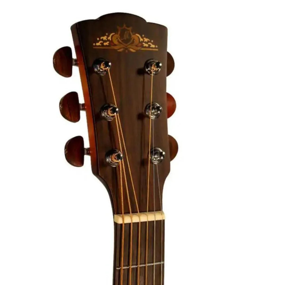 Mérida C25NGAC-EQ acoustic-electric guitar headstock with ornate gold inlay, chrome tuners, and bone nut.