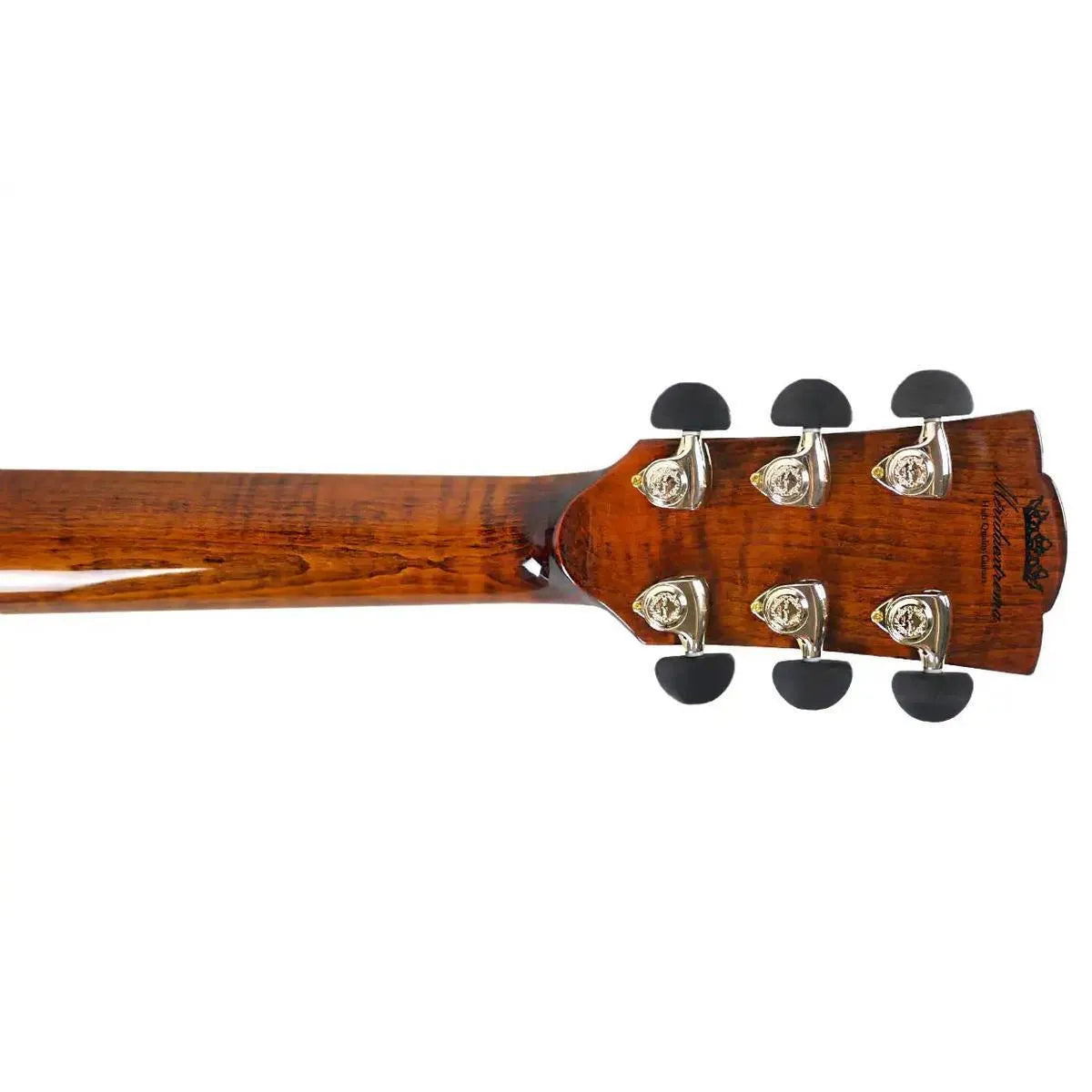 Mérida COBRA-EQ acoustic-electric guitar headstock and neck, showing gold tuners with ebony buttons.