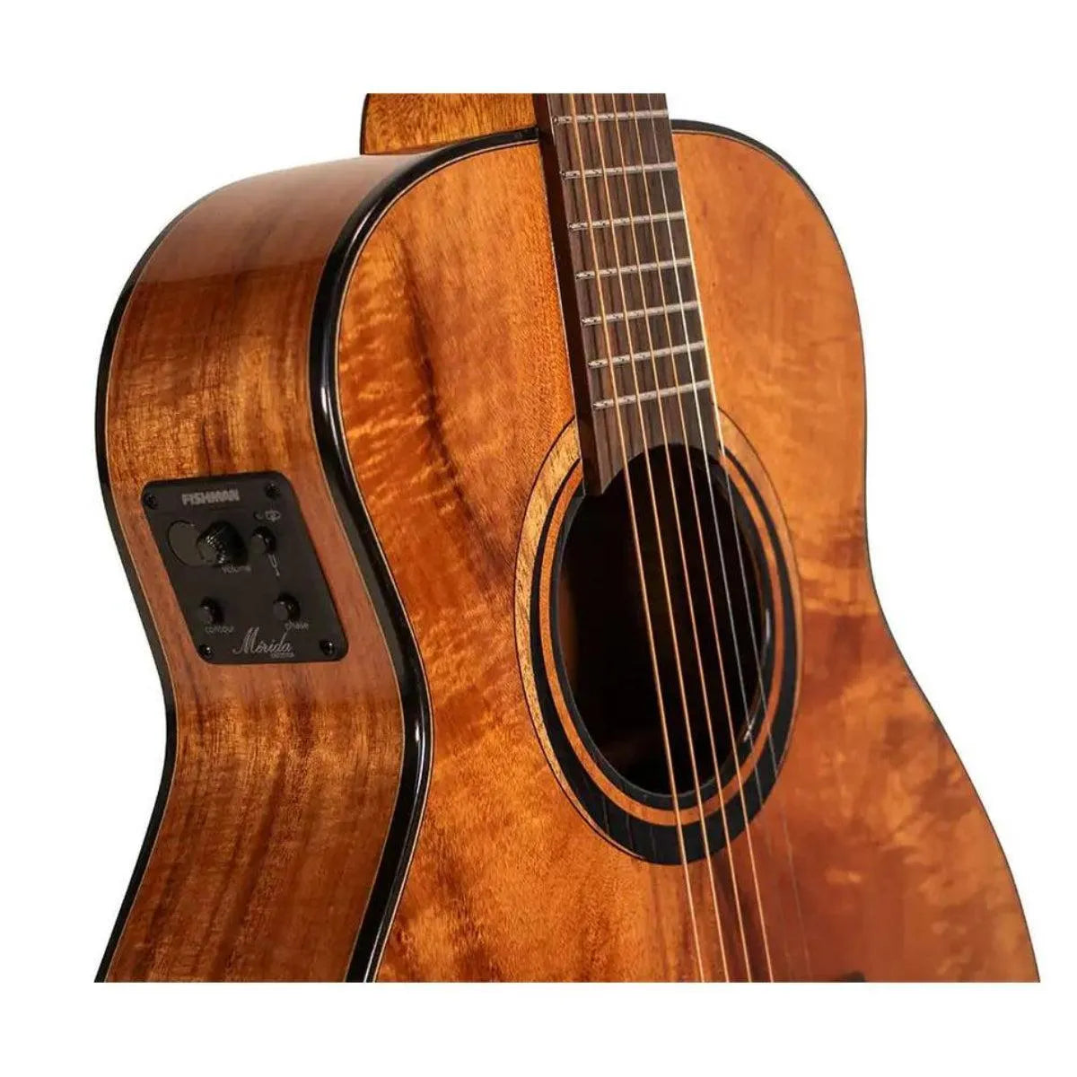 Mérida Diana Series GS-Mini acoustic-electric guitar with solid Koa wood and Fishman electronics.