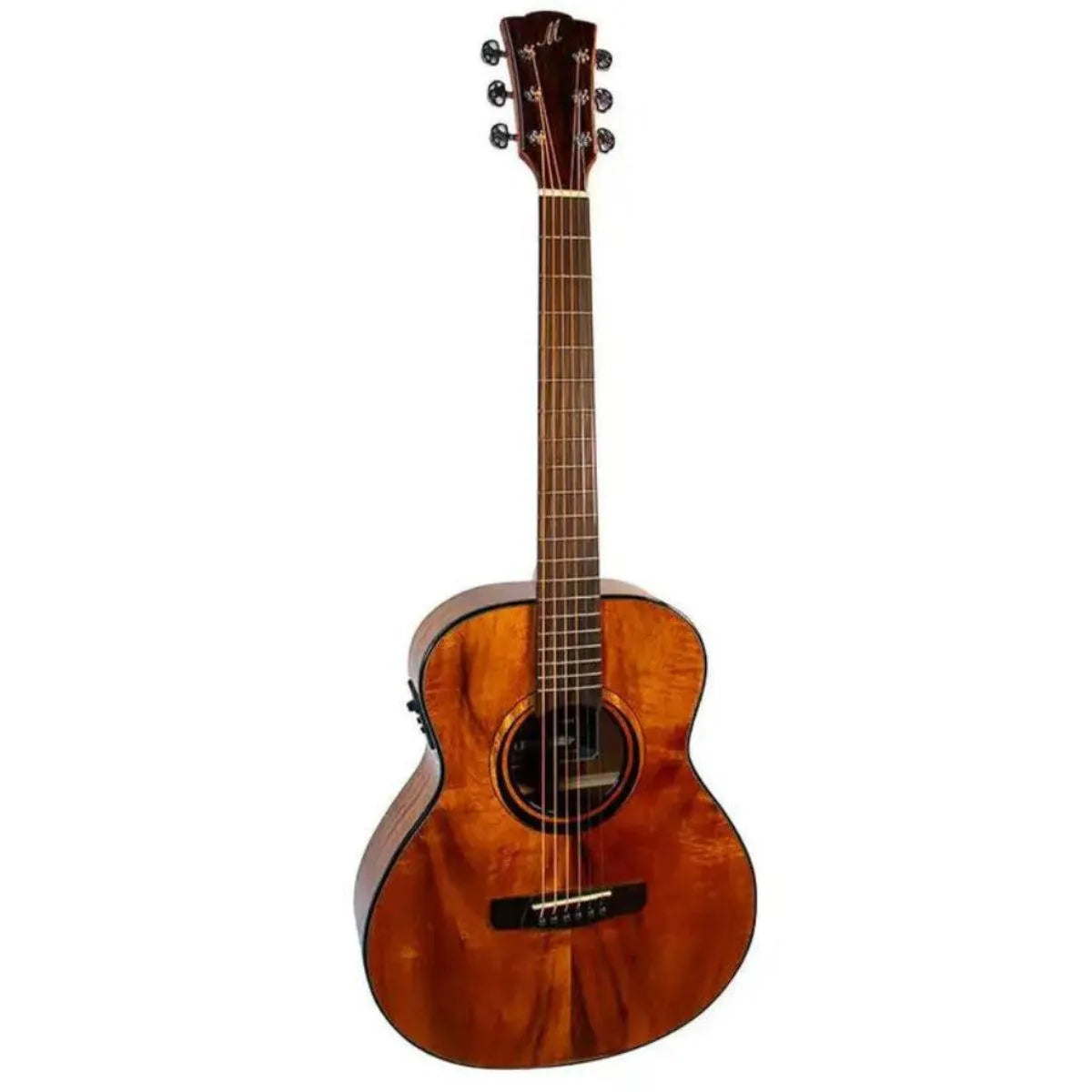 Mérida Diana Series GS-Mini acoustic-electric guitar with natural high-gloss Koa wood finish.