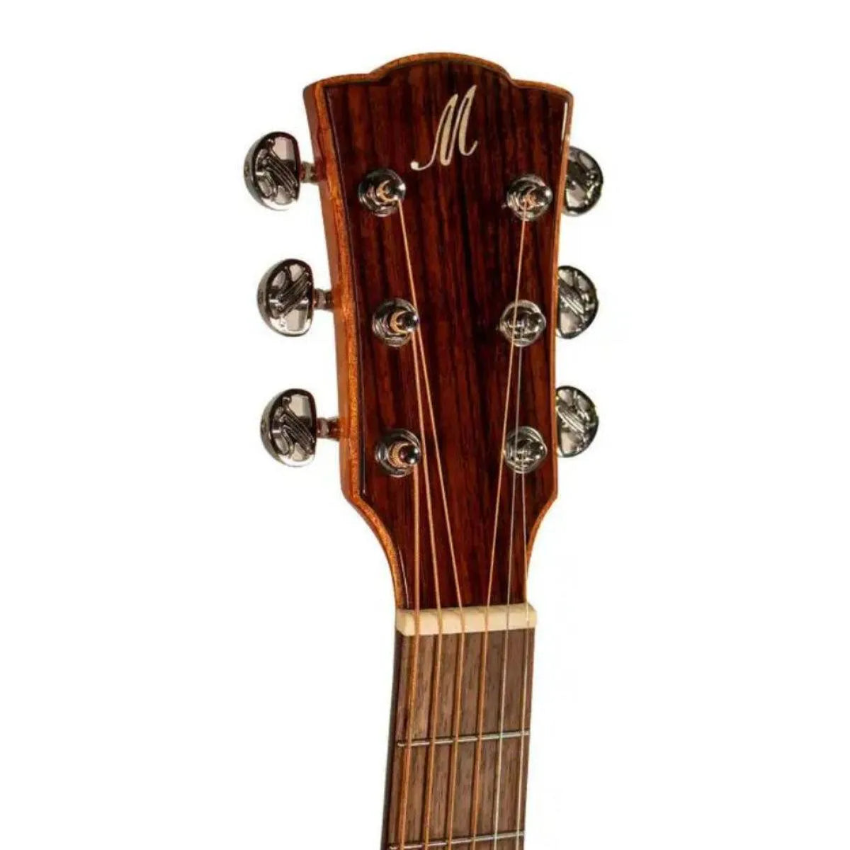 Mérida Diana Series GS-Mini acoustic-electric guitar headstock with Koa wood grain and chrome tuners.