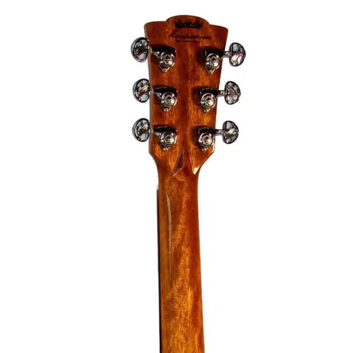 Mérida Diana Series GS-Mini acoustic-electric guitar headstock and neck, natural high-gloss Koa wood.
