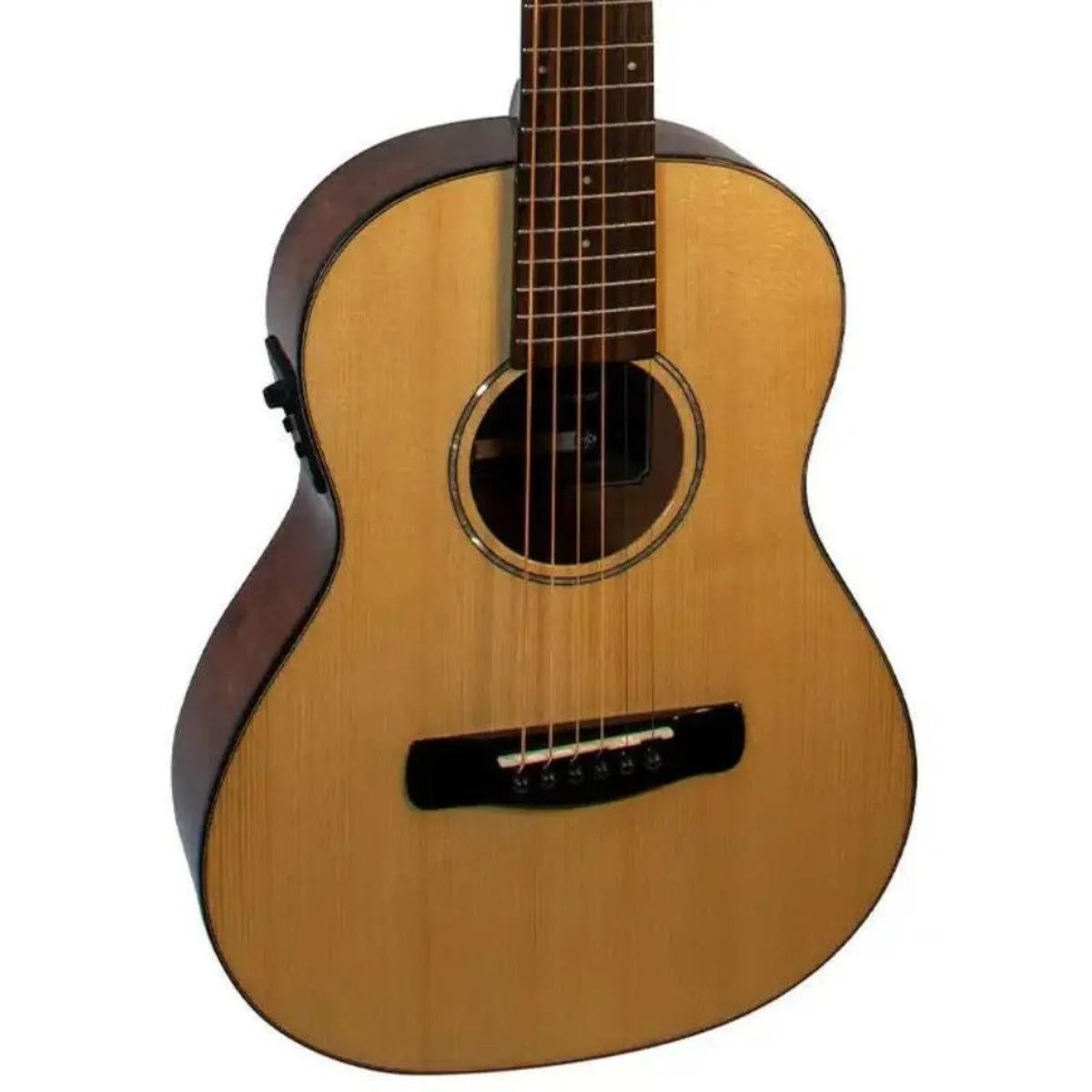 Mérida DG20BMBA-EQ G-Mini acoustic-electric guitar with natural spruce top and mahogany back.