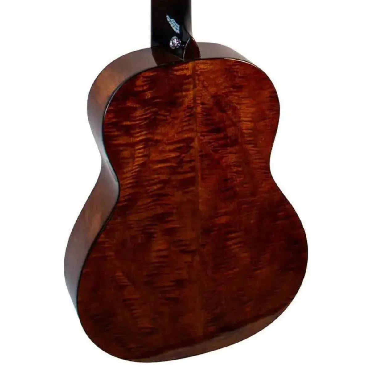 Mérida DG20BMBA-EQ G-Mini acoustic-electric guitar back, showcasing its rich, figured mahogany wood.