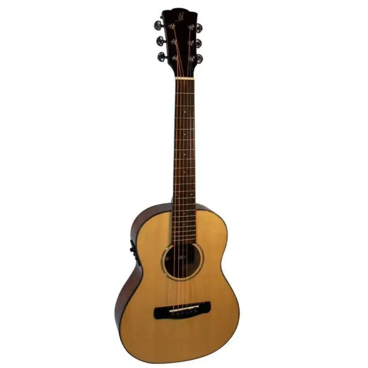 Mérida DG20BMBA-EQ G-Mini acoustic-electric guitar with light spruce top and dark mahogany back.