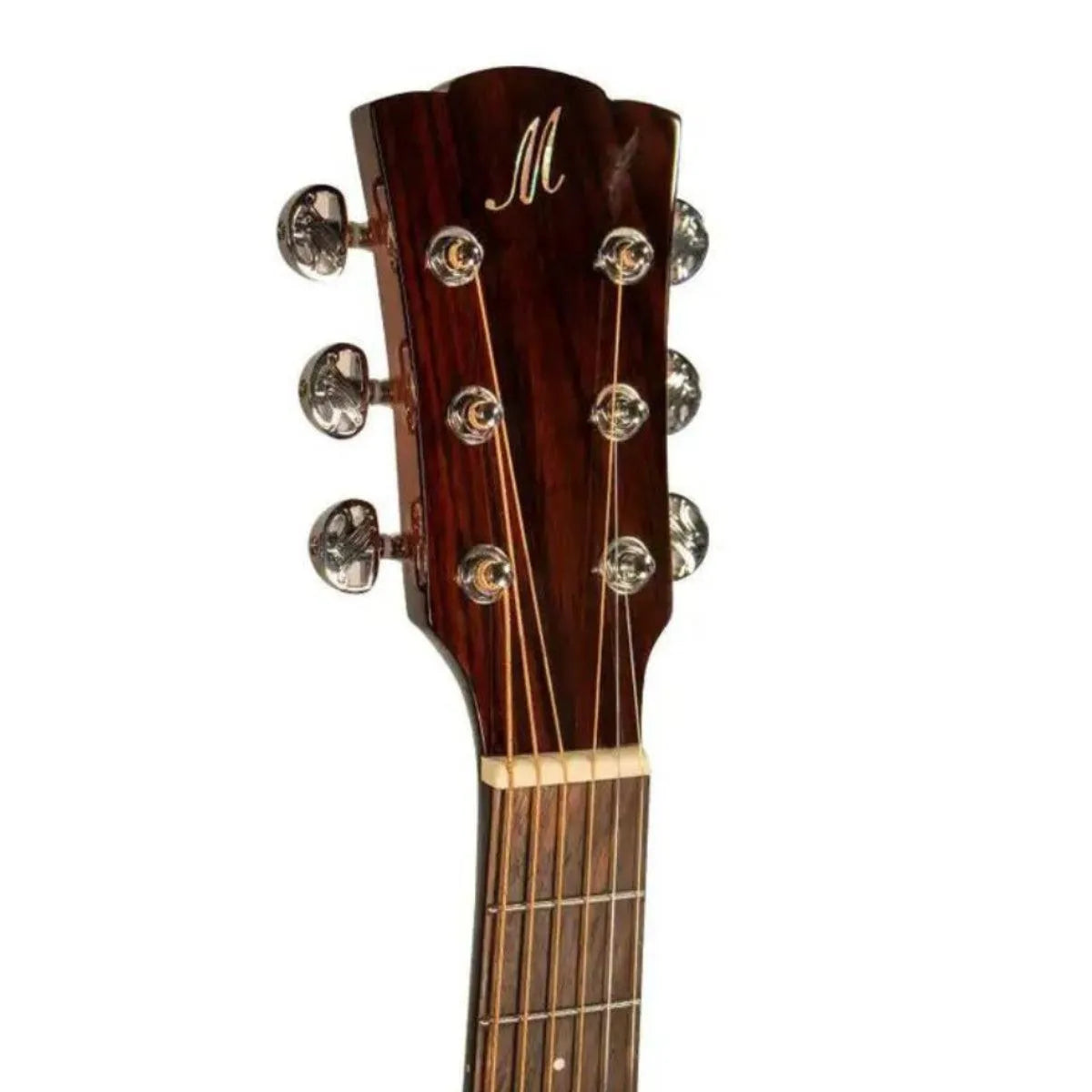 Mérida DG20BMBA-EQ G-Mini acoustic-electric guitar headstock with chrome tuners and "M" logo.