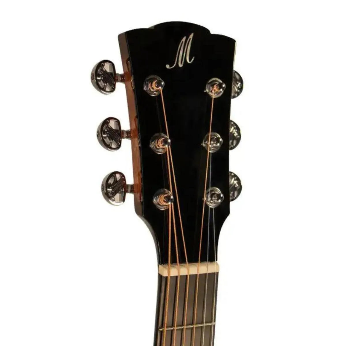 Mérida DG20BMCS-EQ acoustic-electric guitar headstock with black finish, chrome tuners, and "M" logo.