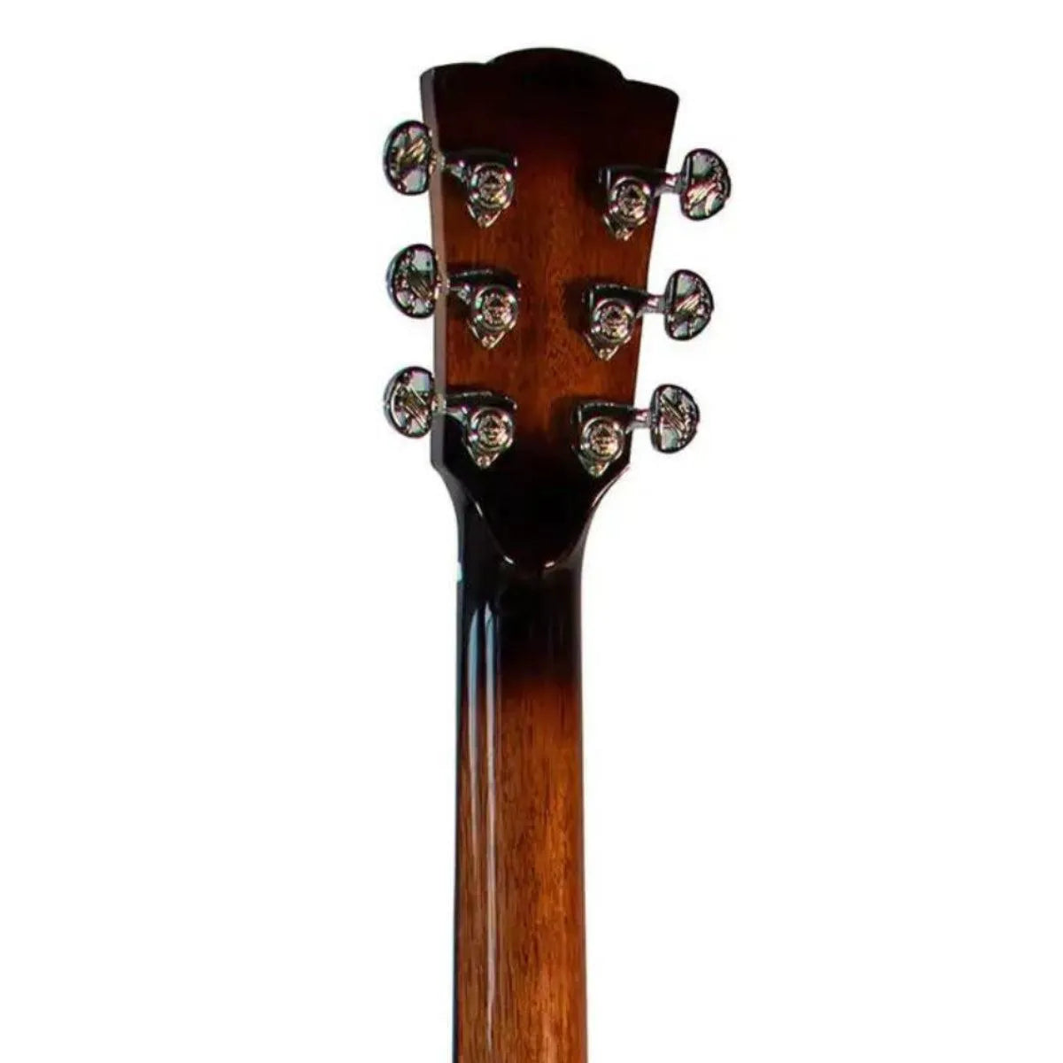 Mérida DG20BMCS-EQ acoustic-electric guitar headstock and neck, showing chrome tuners and mahogany wood.