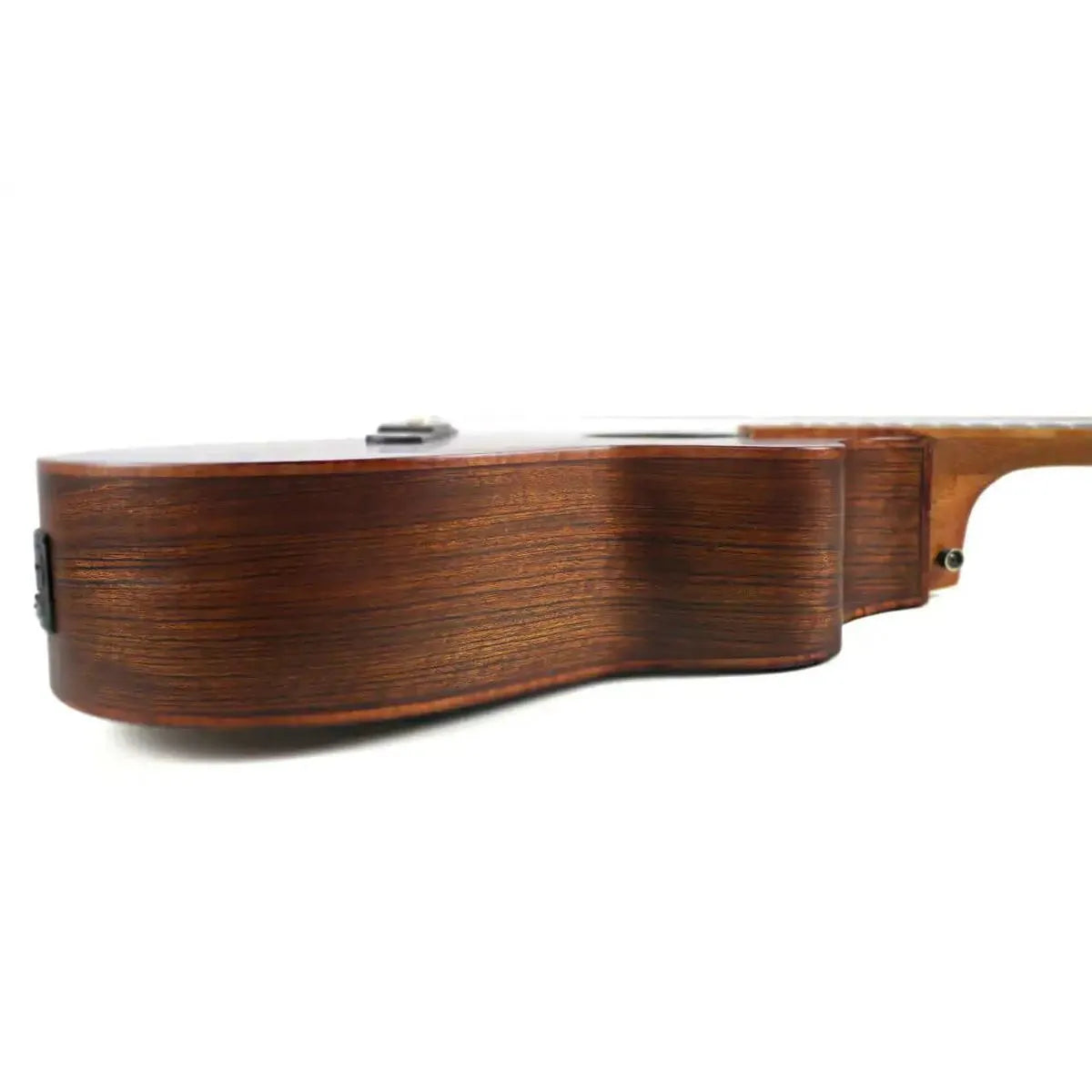 Mérida DG20FOLC-EQ Diana Series Grand Concert acoustic-electric guitar, side view, vintage matte flamed ovangkol.