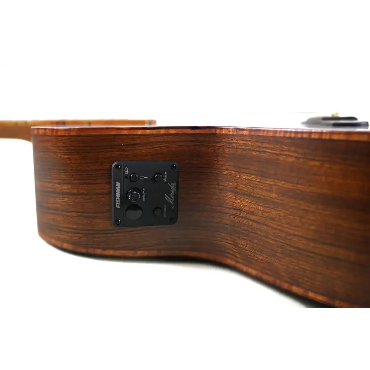 Mérida DG20FOLC-EQ Diana Series acoustic-electric guitar with Fishman ISY-201 electronics on flamed ovangkol side.