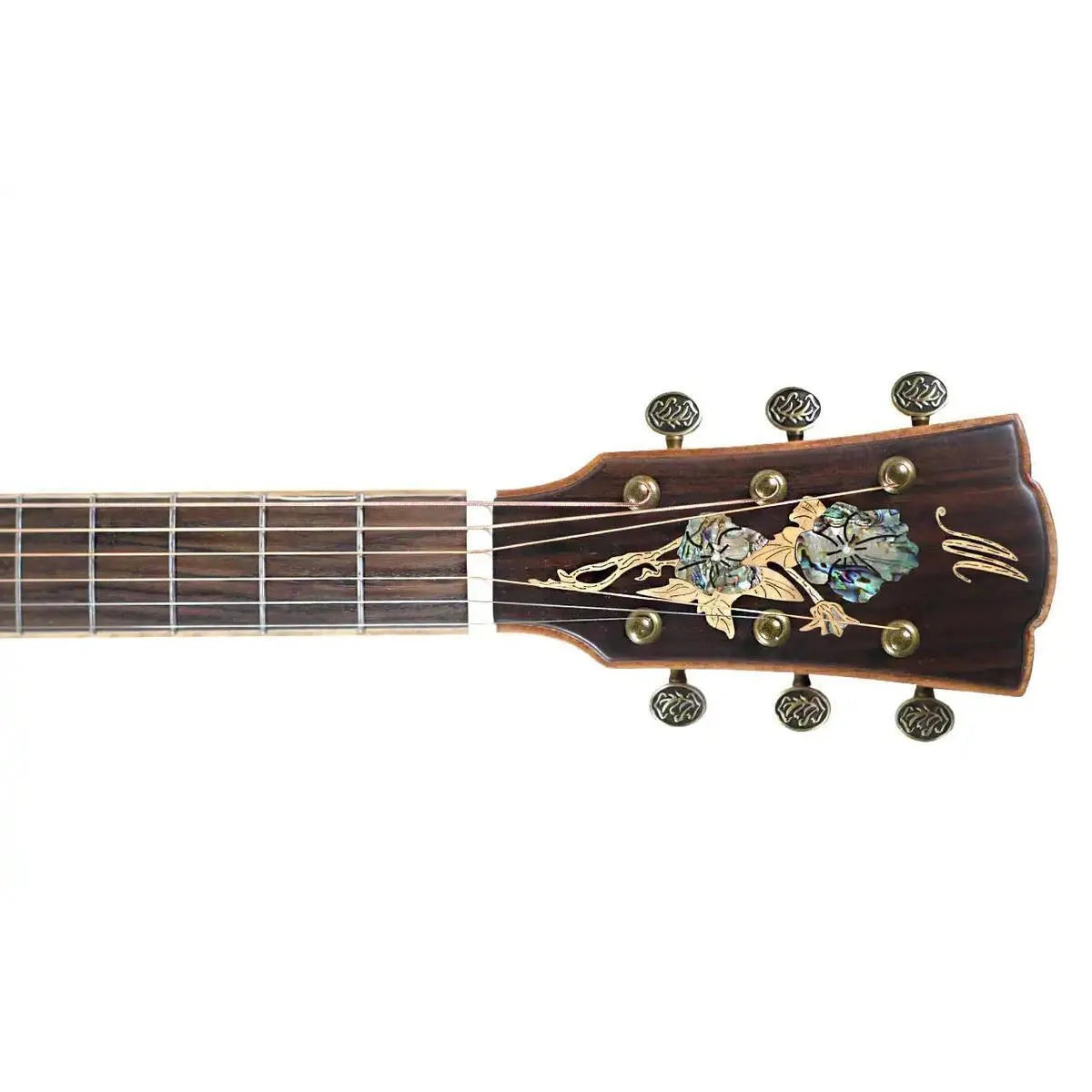 Mérida DG20FOLC-EQ Diana Series acoustic-electric guitar headstock with ornate abalone and gold floral inlay.