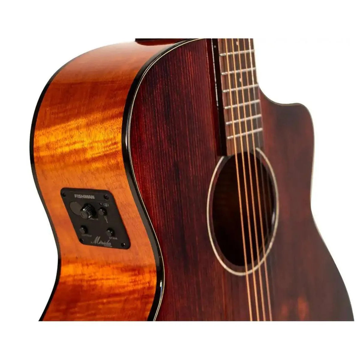 Mérida DG20MFCS-EQ Auditorium Acoustic-Electric Guitar with flamed Okoume back, solid spruce top, and Fishman electronics.