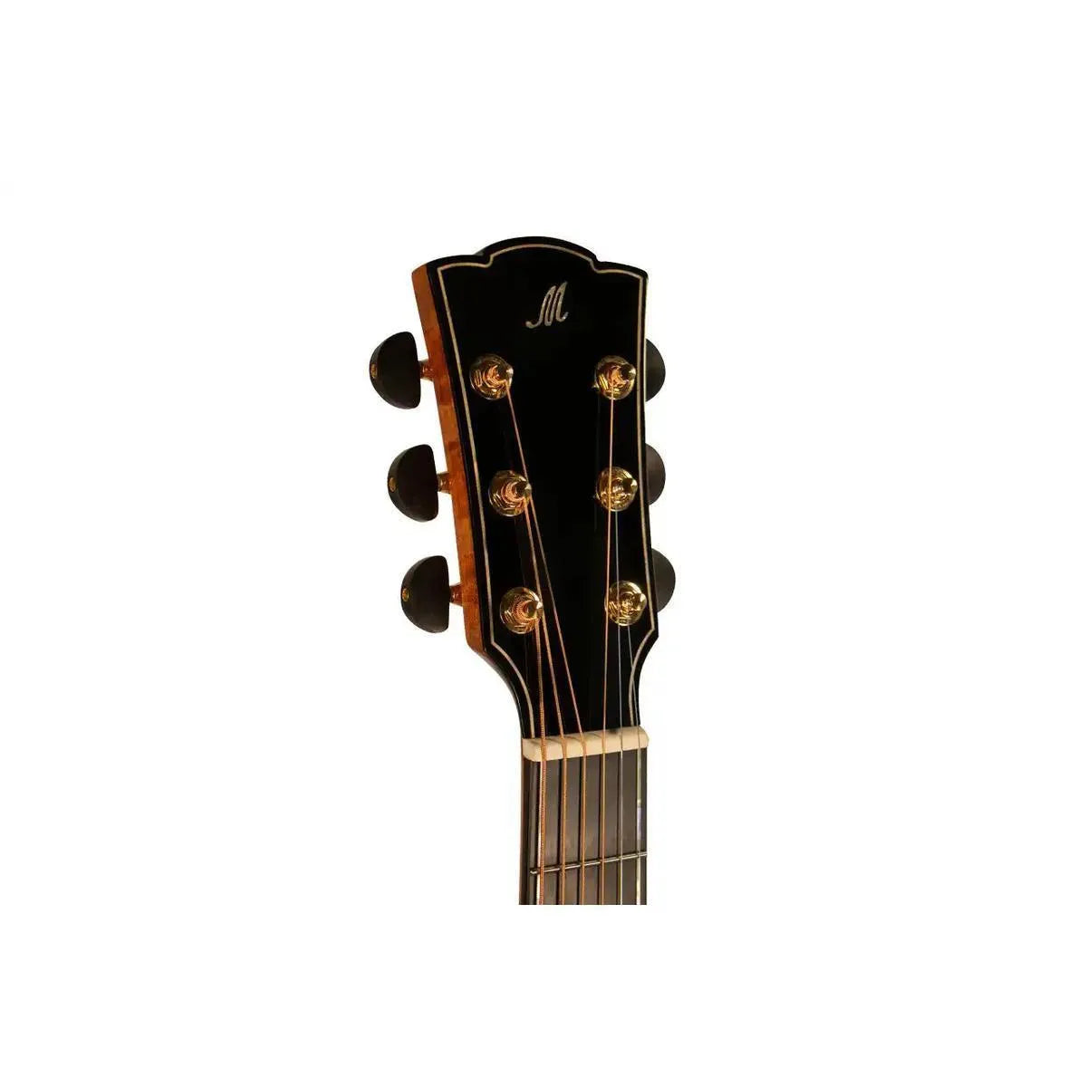 Mérida DTJC-EQ Grand Jumbo acoustic-electric guitar headstock with black finish, gold tuners, and "M" logo.
