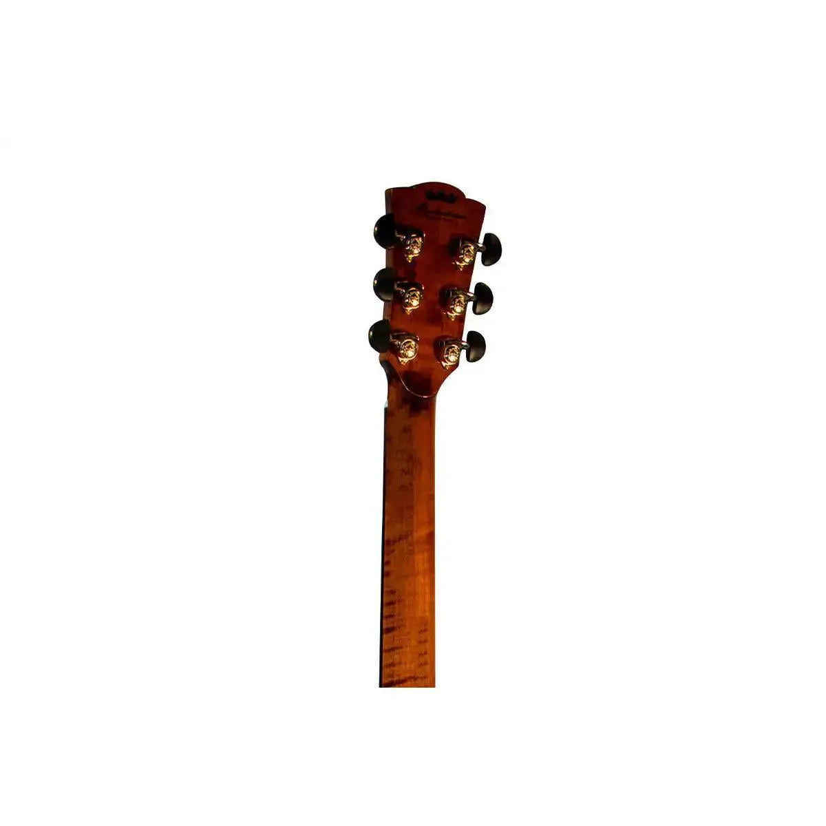 Mérida DTJC-EQ Grand Jumbo acoustic-electric guitar headstock and neck, flamed maple with tuners.