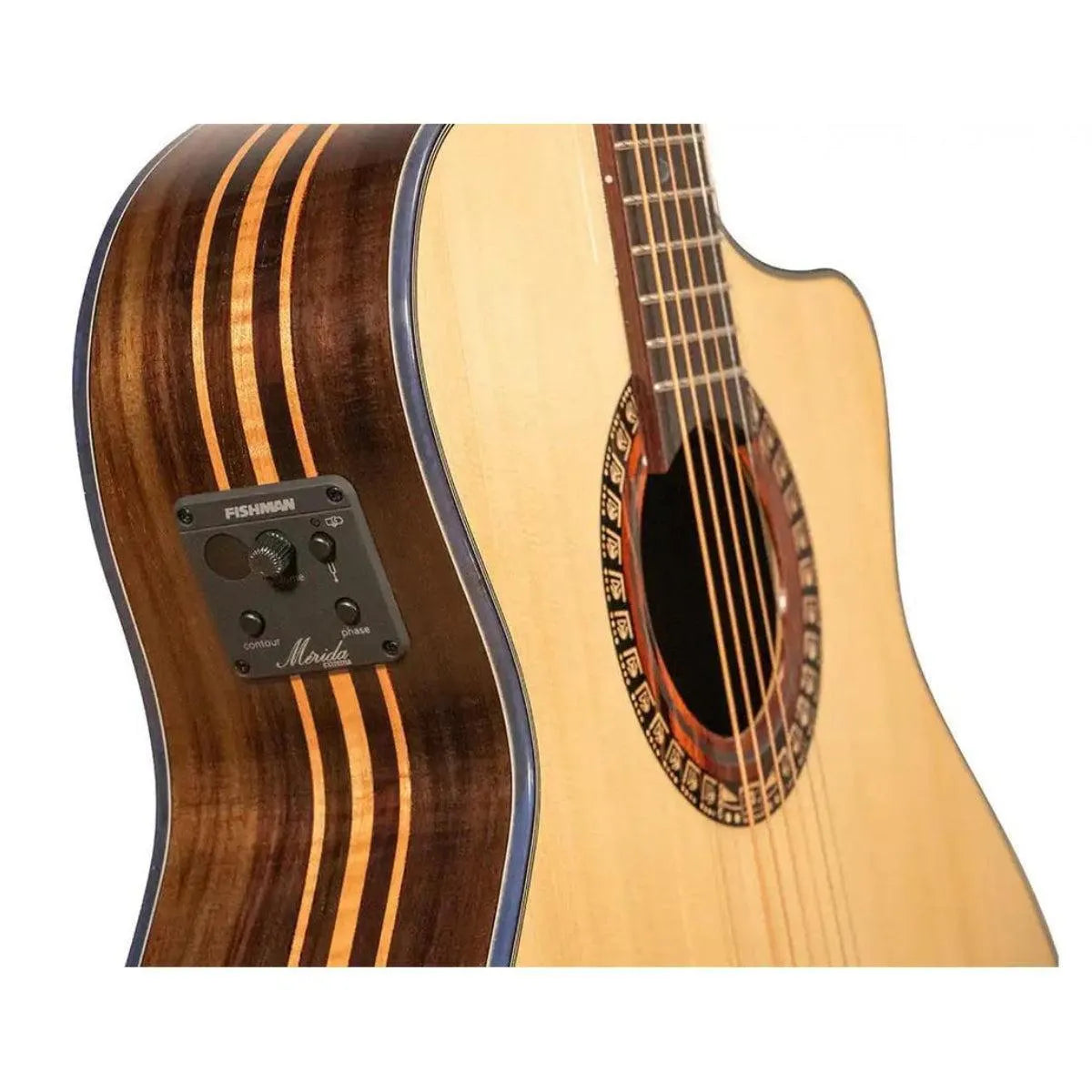 Mérida E1CS-EQ Grand Concert acoustic-electric guitar with Fishman electronics, spruce top, and striped rosewood back.