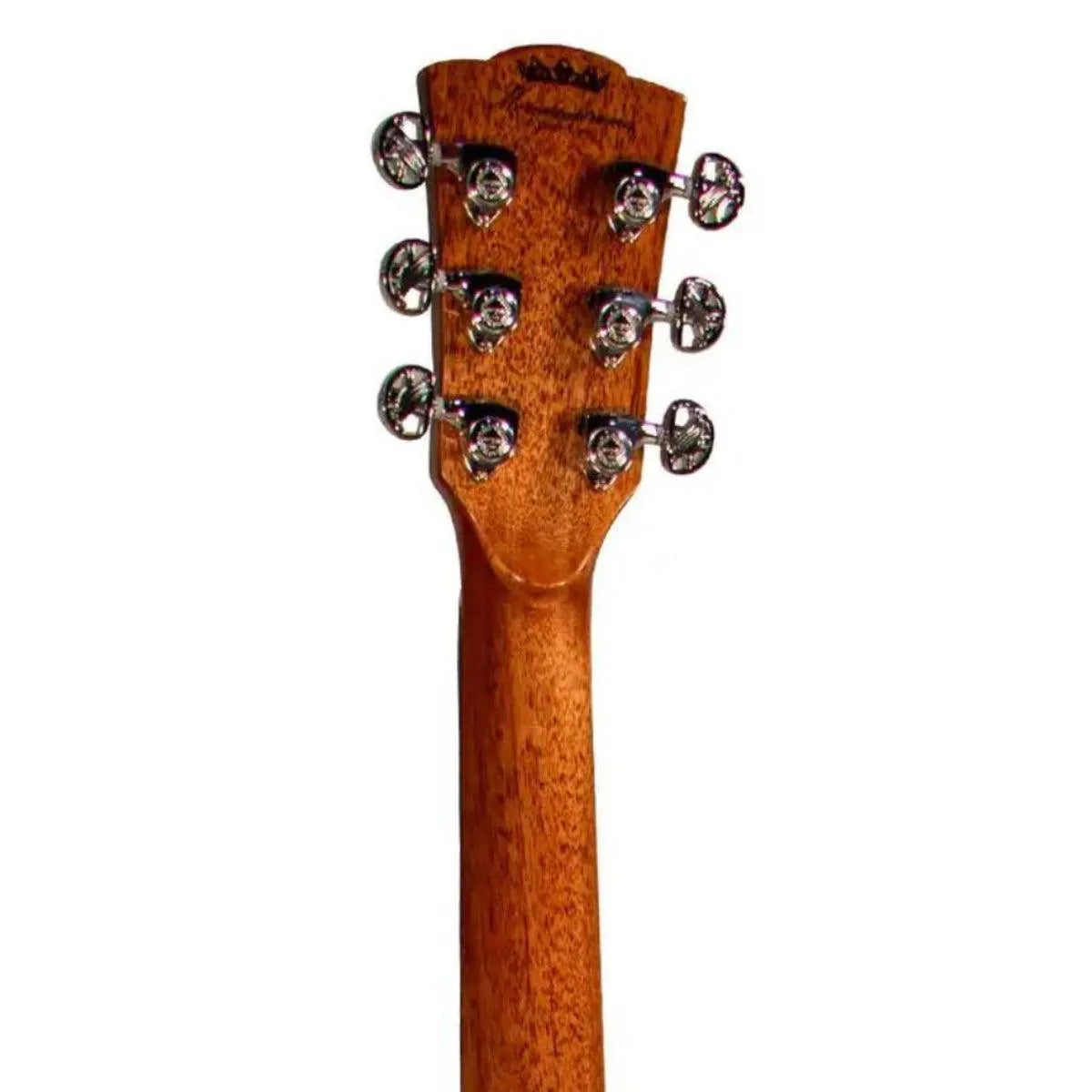 Mérida E1CS-EQ Grand Concert acoustic-electric guitar headstock with chrome tuners.