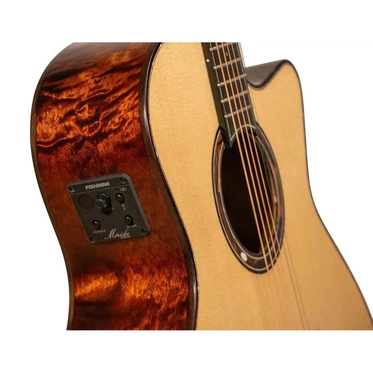 Mérida JAVELIN-EQ acoustic-electric guitar with solid spruce top, camphor burls back, and Fishman electronics.