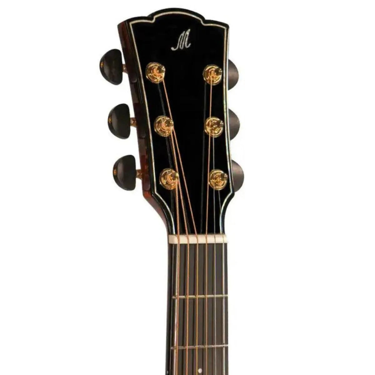 Mérida JAVELIN-EQ acoustic-electric guitar headstock with gold tuners, ebony buttons, and "M" logo.