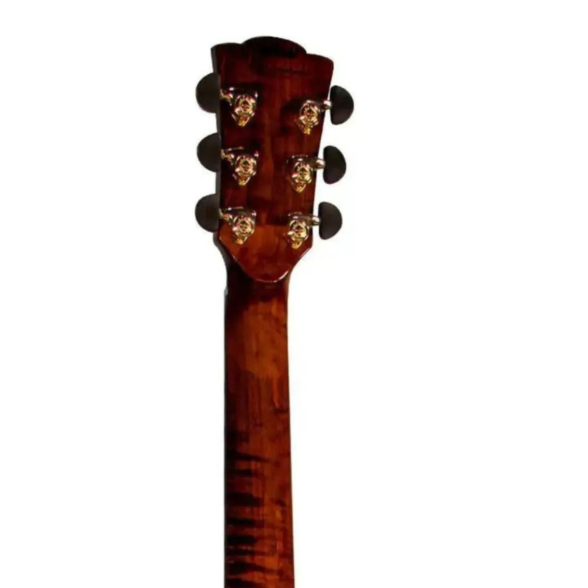 Mérida JAVELIN-EQ acoustic-electric guitar headstock and flamed maple neck with gold tuners.