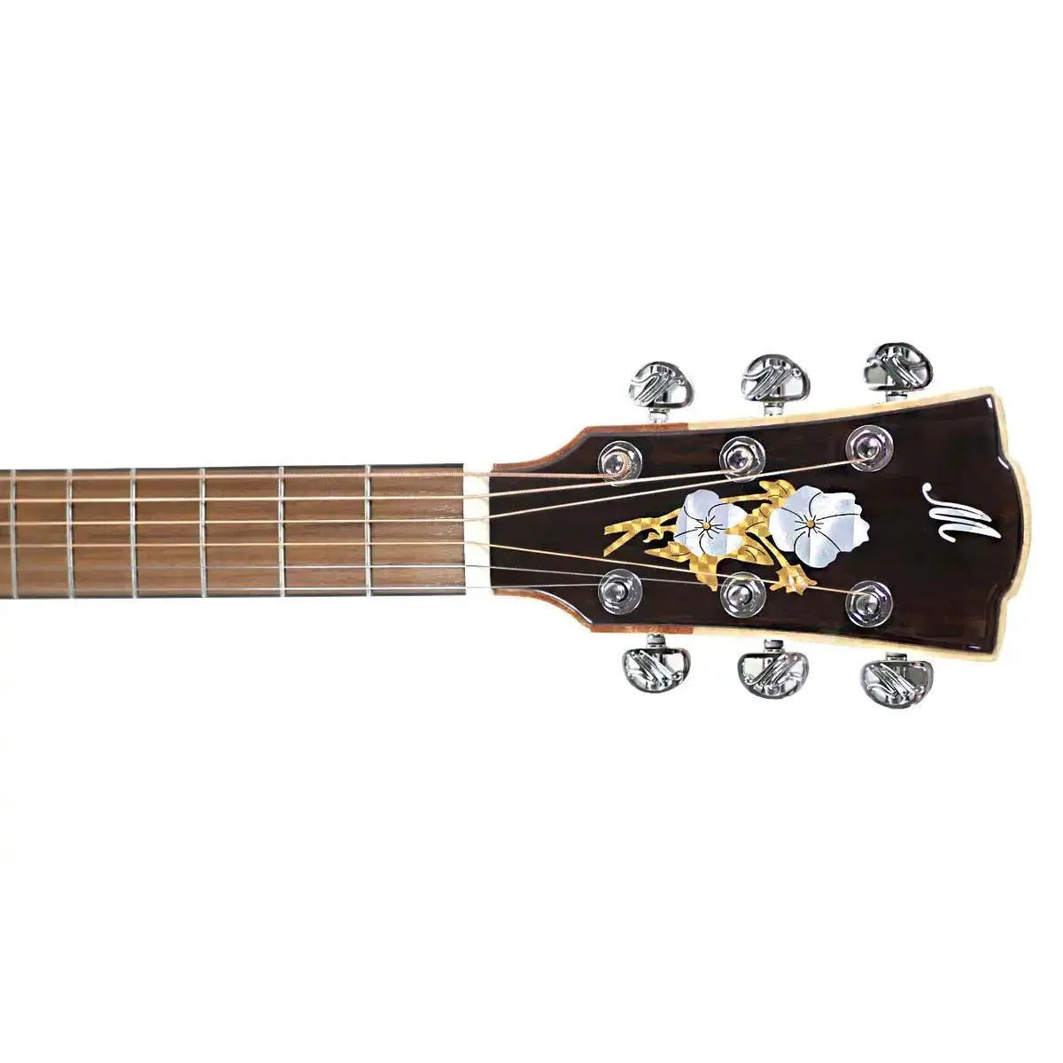 Mérida JULIET-EQ acoustic-electric guitar headstock with floral inlay and chrome tuners.