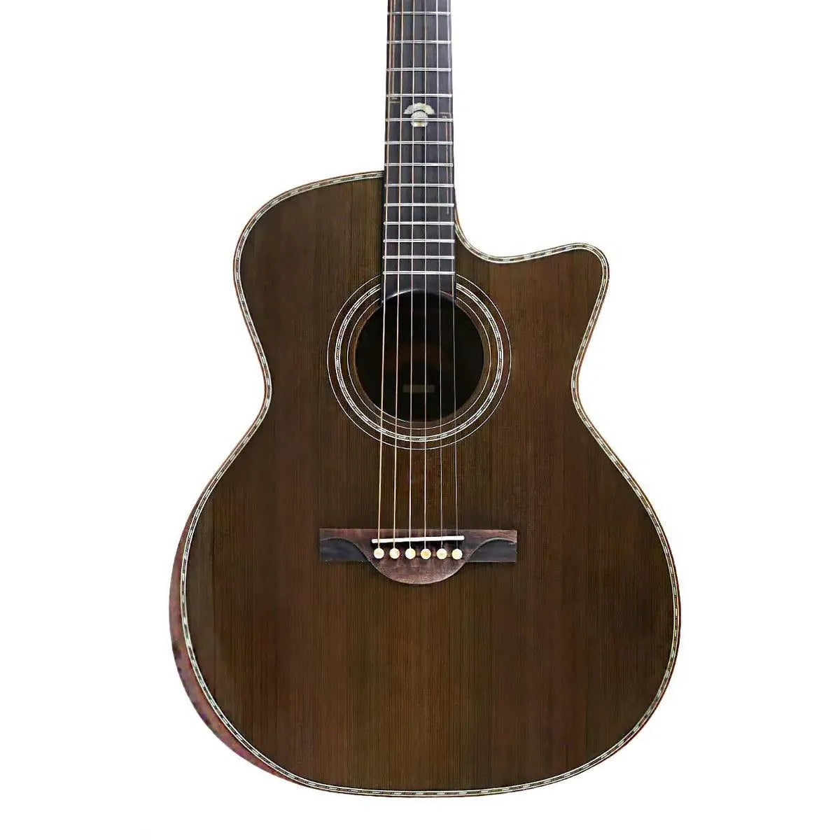 Mérida MISTRAL Grand Auditorium acoustic-electric guitar with dark cedar top, flamed walnut back, and cutaway.