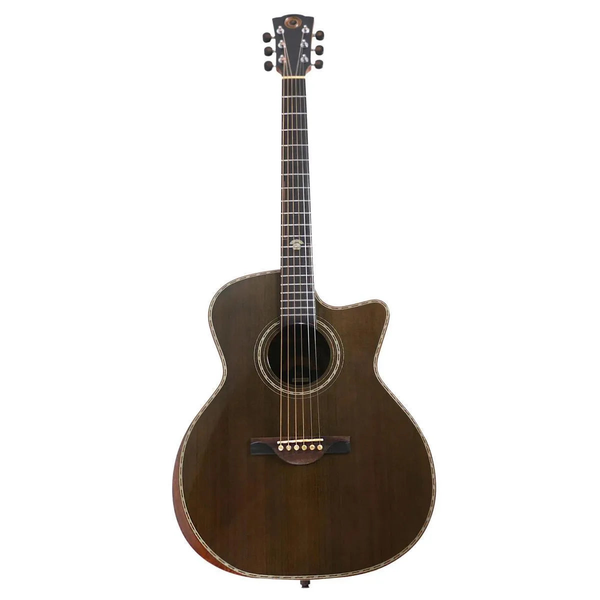 Mérida MISTRAL Grand Auditorium acoustic-electric guitar with dark flamed walnut body and cedar top.