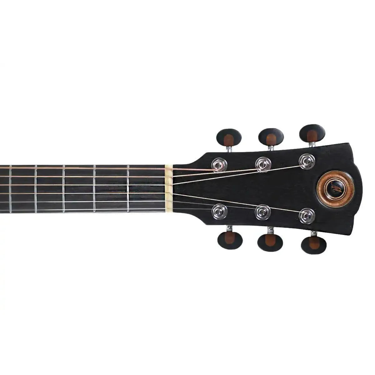 Mérida MISTRAL acoustic-electric guitar headstock with dark wood, six tuners, and rosewood fretboard.