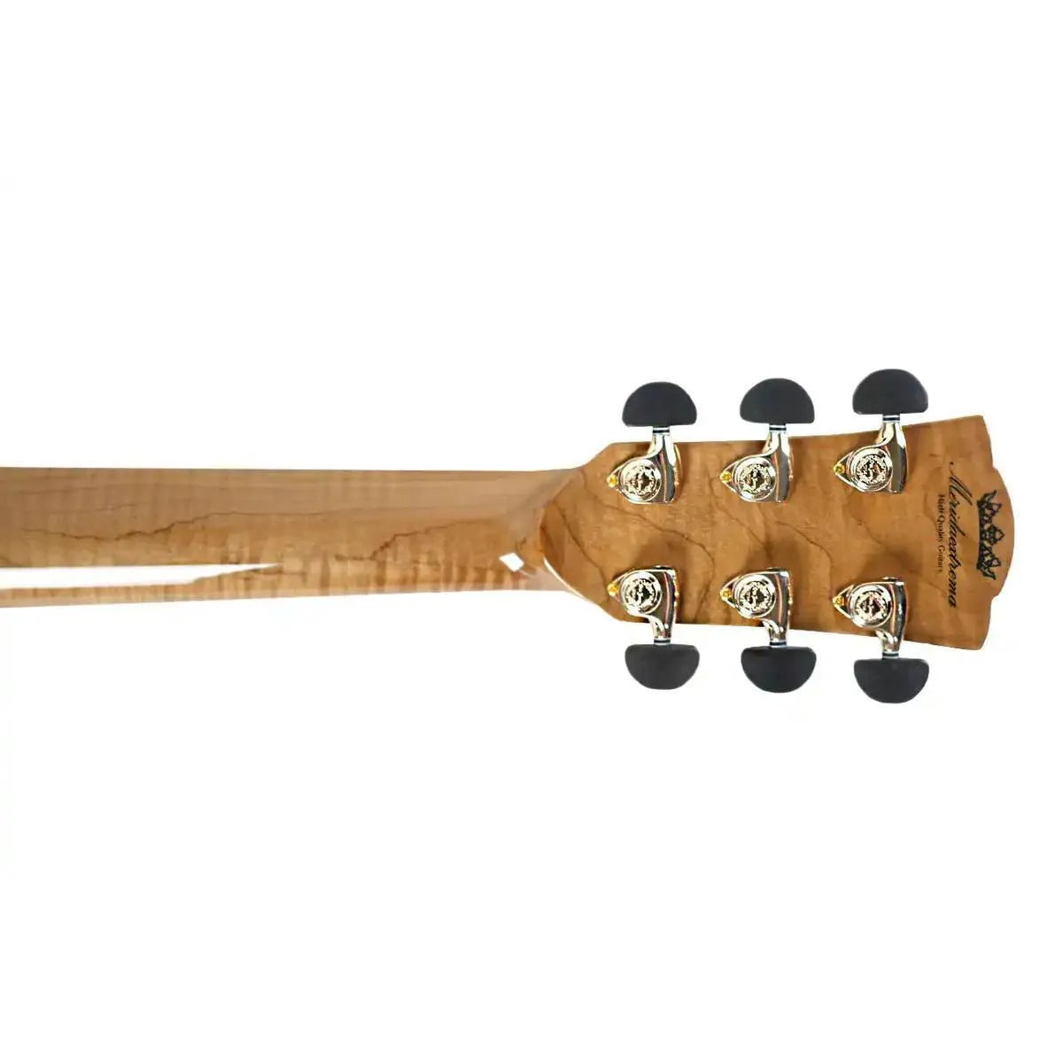Mérida PROCNIAS-EQ Grand Symphony acoustic-electric guitar headstock with flamed maple neck and gold tuners.