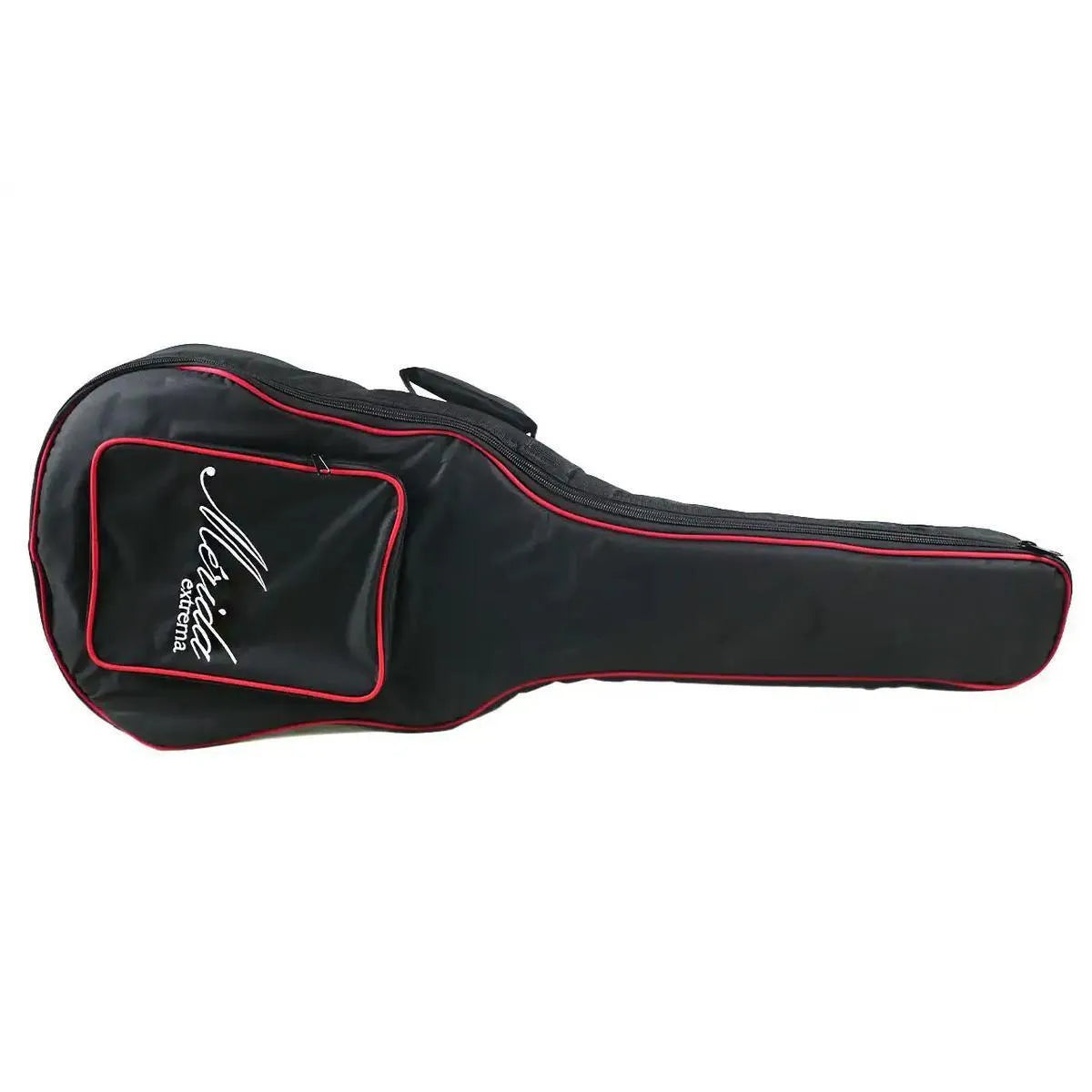 Black Mérida guitar gig bag with red trim and logo.