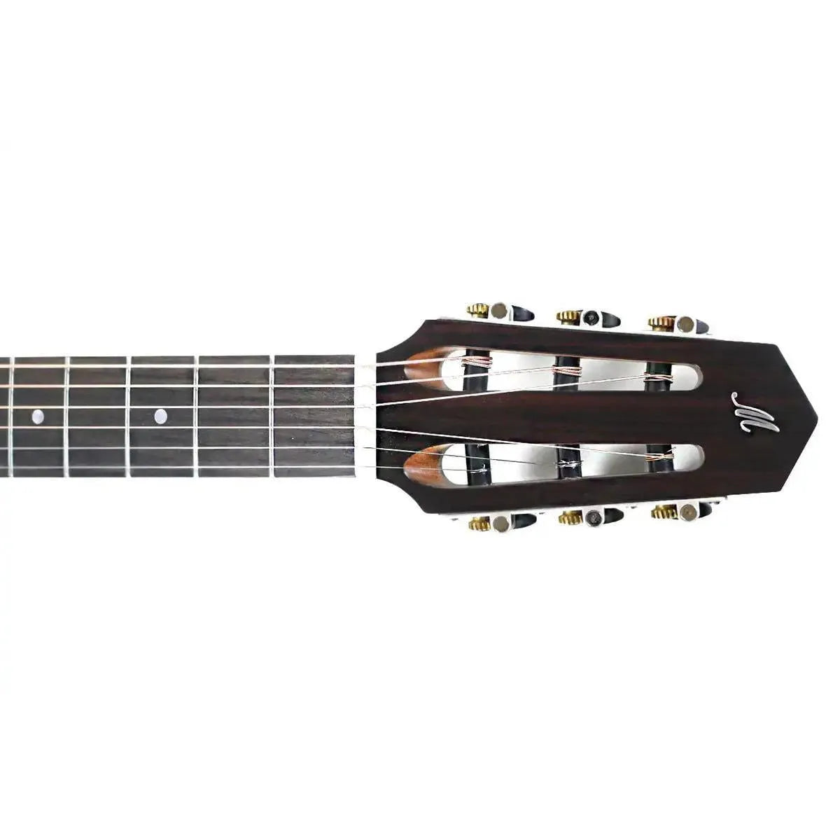 Mérida PSA-100-TS guitar headstock with dark wood, gold tuners, and "M" logo.