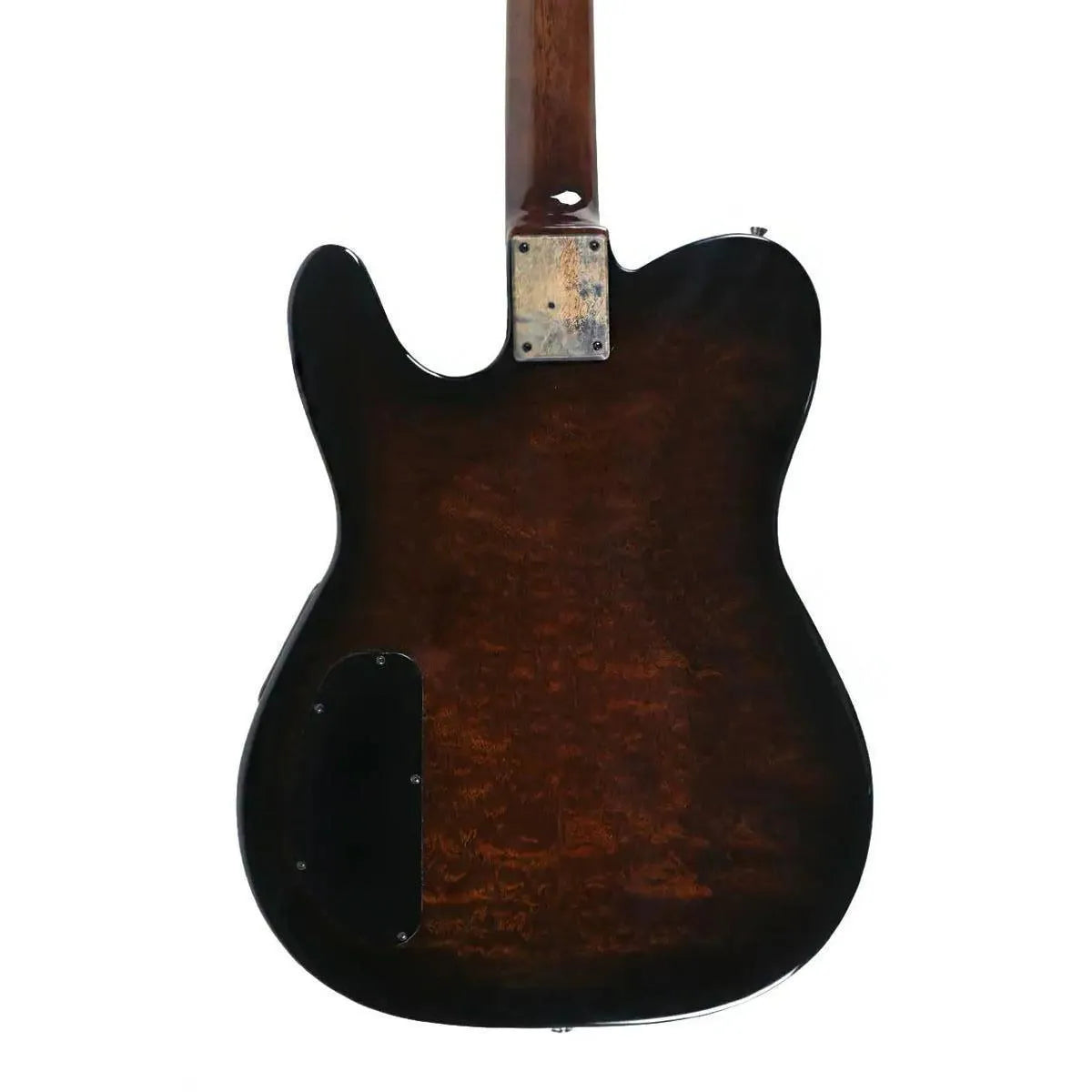 Back of Mérida PSA-200-QS electric guitar with dark quilted sapele veneer and high gloss finish.