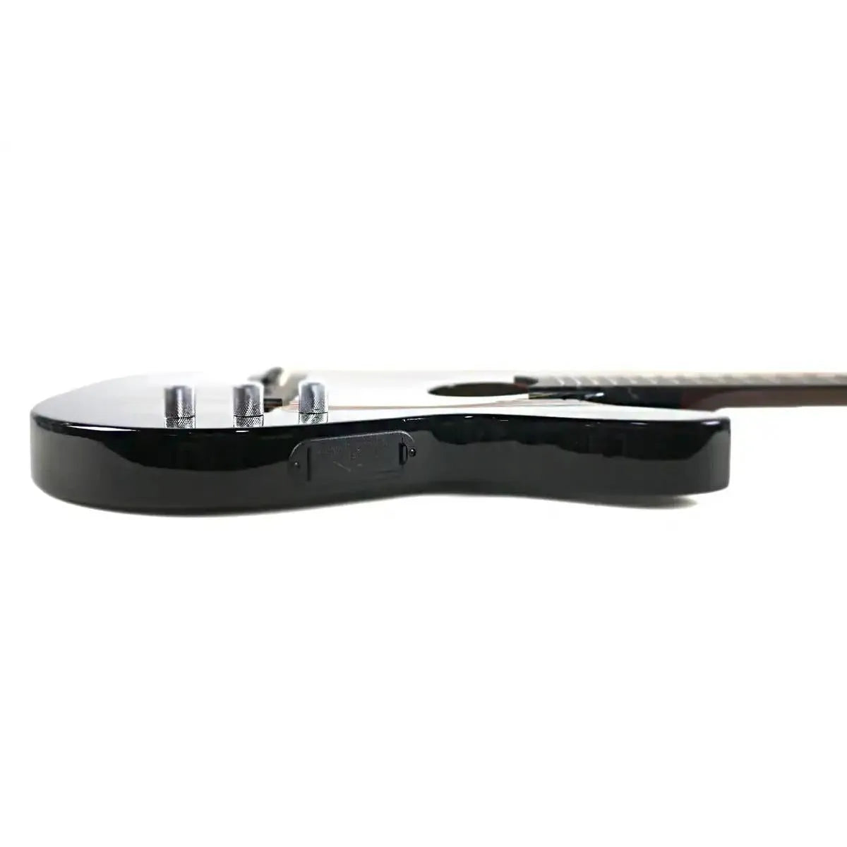 Side view of a black Mérida PSA-200-QS electric guitar body with control knobs and battery compartment.